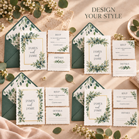Ensemble d'invitations de mariage personnalisées en eucalyptus, bordure festonnée, cadre doré, invitation de mariage, carte RSVP, enveloppe lignée verte