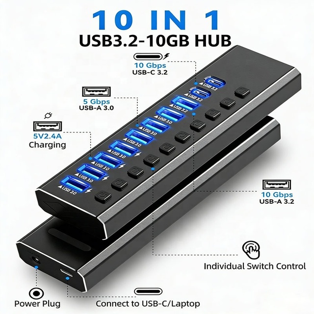 12V 4A Powered USB HUB 10 Ports with Individual Switch Type C 3.2 10Gbps High-speed Fast Charging Aluminum 10 in 1 USB Hub