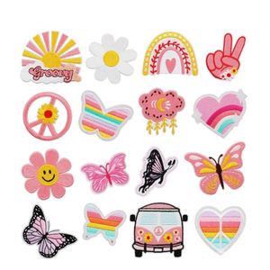 Iron on Embroidered Pink Style Sun Flower Cloud Rainbow butterfly Patches for Clothes Bag Decoration - Product Image 1