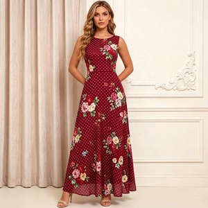 Abito da sera <span class=keywords><strong>bordeaux</strong></span> floreale con pois, modello a trapezio, maxi, scollo rotondo, senza maniche, lunghezza al pavimento, per ballo di fine anno o feste - Product Image 1