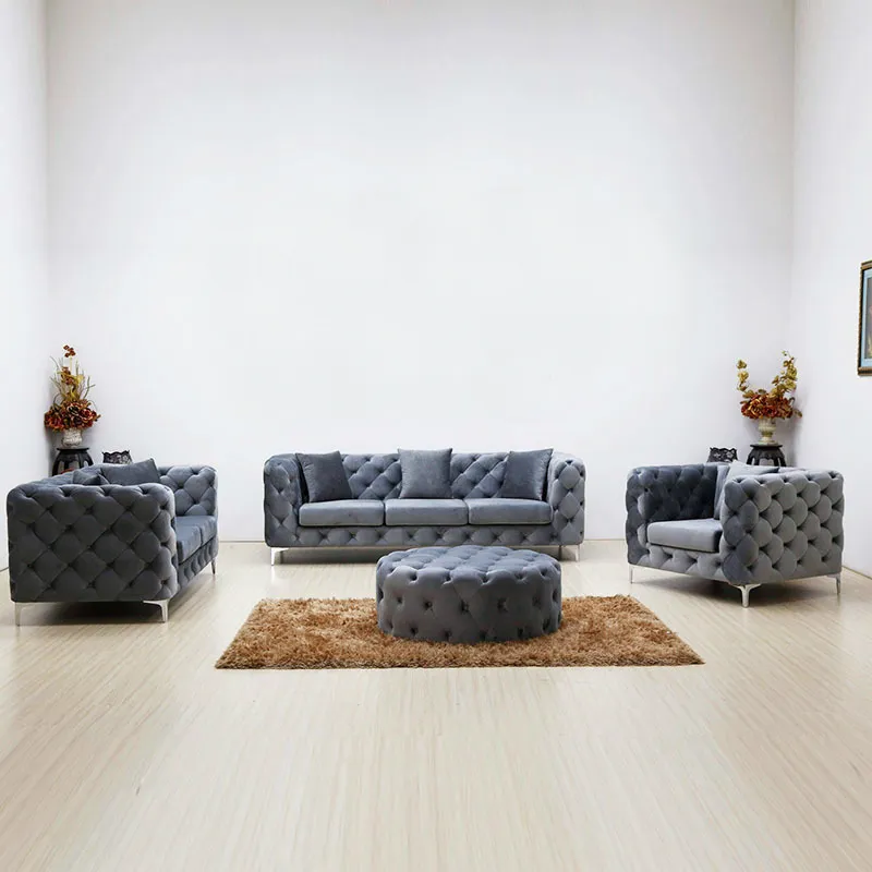 Lüks ev mobilyası döşemeli 3 2 1 kişilik chesterfield koltuk takımı gri kadife kanepe ve kanepe seti