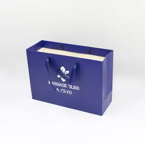 2023 Luxury Saco De Papel Personalizado Blue Gift Shopping Paper Bag With Ribbon Handles Custom Logo Eco Paper Bag For Clothes