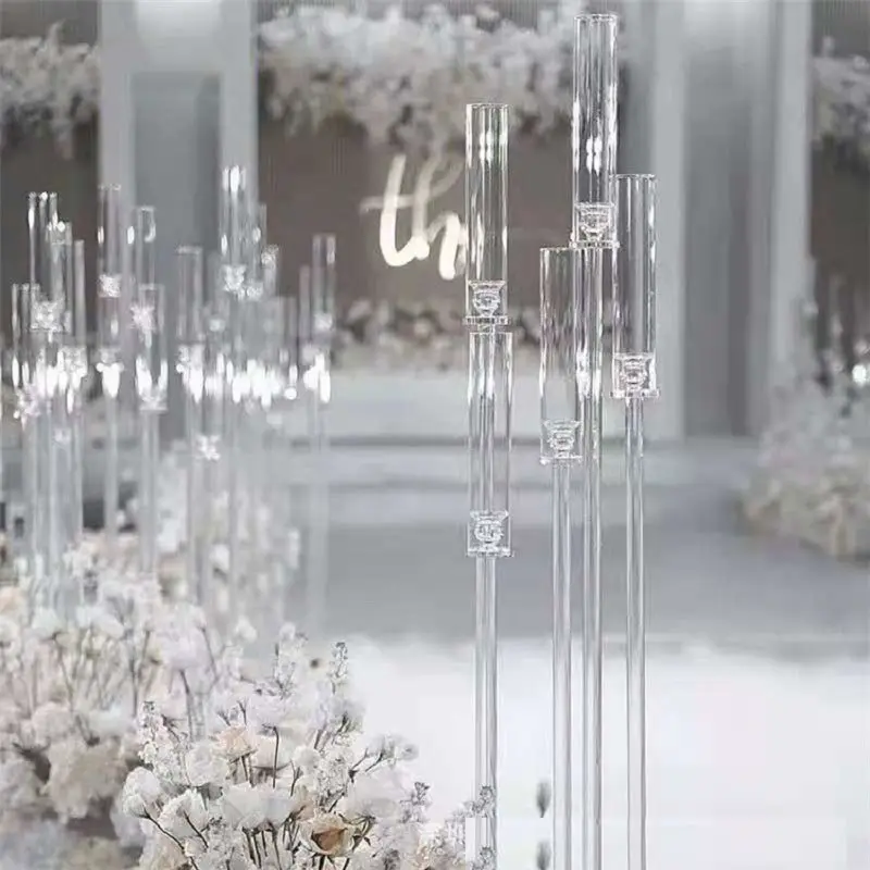 パーティーや結婚の装飾のための新しいスタイルの高さ118cmの透明なアクリルキャンドルホルダー結婚式のセンターピースクリスタル5アーム燭台