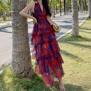Vestido de estilo coreano con espalda abierta y cuello en V, lazo en la cintura, vacaciones en la playa, capa por capa, volantes, dobladillo grande - Product Image 5