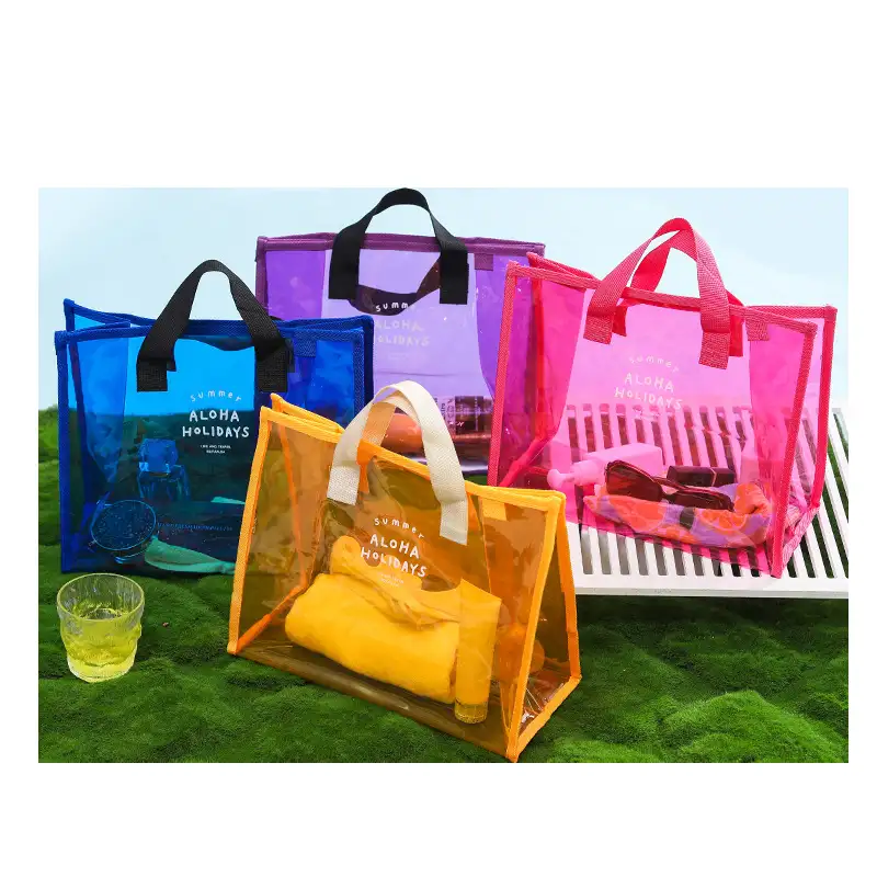 2022卸売夏ゼリー財布とバッグ女性ホットピンク透明ビーチトートレディース防水クリアPVCトートバッグ