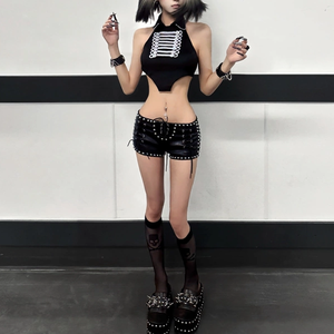 Wholesale Gothic Streetwear Women's Y2K Punk Faux Leather Mini Shorts Low Waist Lace-up Mini Shorts with <b>Rivet</b> & Grained Texture - Product Image 2
