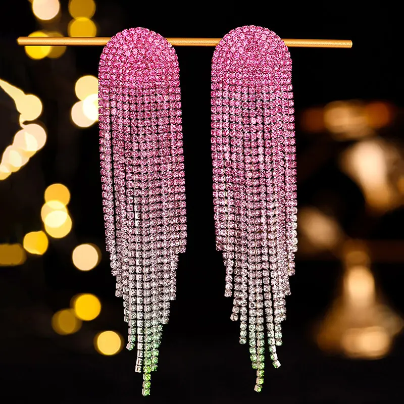 Orecchini a catena di cristallo colorato per banchetti di lusso dal Design originale orecchini lunghi con nappe di strass arcobaleno scintillante di alta qualità