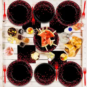 96 Pcs Black And Red Party Plates And Napkins Party Supplies Red Dot On Black Party Birthday Tableware Set Decorations