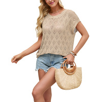 Mode estivale pour femmes : Gilet tricoté ajouré à col rond, haut sexy sans manches en crochet, couleur unie, tricot décontracté