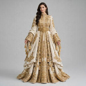 Elegant Embroidered Faux Fur Modest <b>Abaya</b> <b>Dress</b> Stand Collar Long Sleeve Floor Length Geometric Pattern Flared Hem Middle East - Product Image 1
