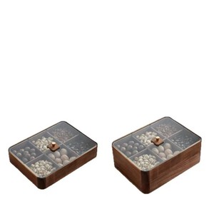 Boîte de rangement en bois de noyer noir à plusieurs compartiments avec couvercle pour organiser les collations, les noix, les fruits, rectangulaire, décorative pour la maison - Product Image 1