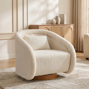 Poltrona Girevole Moderna in Tessuto Teddy <span class=keywords><strong>Beige</strong></span>, Rotonda a 360 Gradi, con Seduta Imbottita e Base in Legno per Salotti Accoglienti - Product Image 3