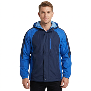 Chaqueta cortavientos con capucha para hombre, con bloques de color, cierre de cremallera, informal, para exteriores, corte regular, azul marino, poliéster - Product Image 1