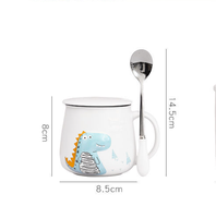 Mug à café en céramique mignon Mr Dinosaur Crocodile Cartoon avec cuillère et couvercle, tasse à boire en porcelaine, tasse à café, thé au lait