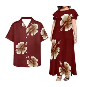 Keluaran baru gaun longgar wanita pola cetak bunga Hibiscus gaya tropis Hawai kaus kasual pria pasangan gaya Natal