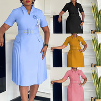 Robe plissée mi-longue élégante pour femme africaine, col en V, couleur unie, style décontracté ou habillé, idéale pour le bureau, collection Printemps-Automne