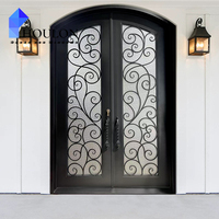 Porte d'entrée en fer forgé de style français exquis avec un dessus cintré, du verre gravé floral et une finition noire patinée
