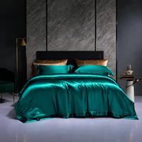 Parure de lit 4 pièces en soie de mûrier 100 % naturelle, vert paon, housse de couette, drap plat, taies d'oreiller, personnalisable OEM ODM pour maisons et hôtels