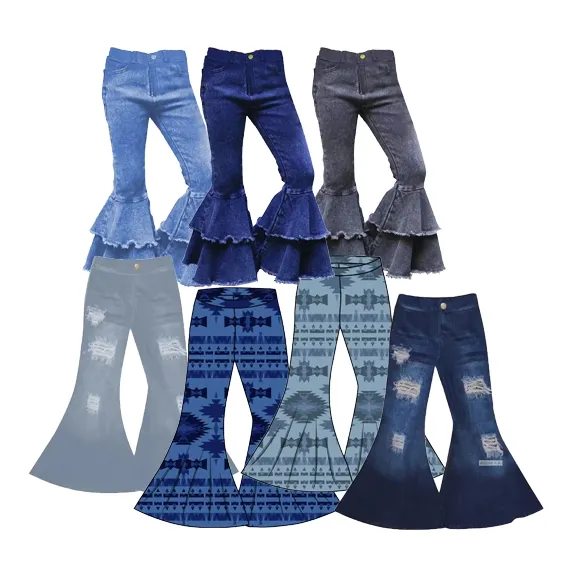 Fuyu New Product Western Ethnic Element Design Trousers High Quality Ruffle Jeans for Girls