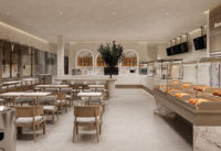 Conception et production sur mesure de l'aménagement intérieur 3D et du mobilier pour pâtisseries modernes, comptoirs et vitrines en verre