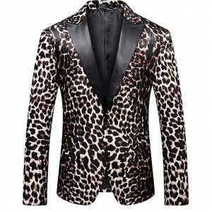 Men's Leopard Print Tuxedo <b>Blazer</b> Satin Lapel Single Breasted Party Jacket Regular Fit British Style - Product Image 1