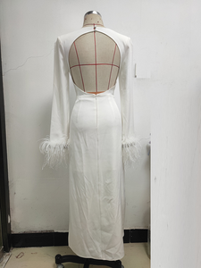 Abito da sera <span class=keywords><strong>bianco</strong></span> alla moda 2026, sexy, a maniche lunghe <span class=keywords><strong>con</strong></span> polsini in piume di struzzo e <span class=keywords><strong>spacco</strong></span> alto <span class=keywords><strong>con</strong></span> paillettes, per feste di gala - Product Image 2