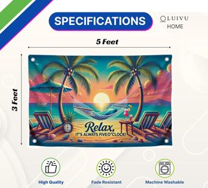 Bandiera in poliestere monofacciale 3x5 piedi con 4 occhielli in ottone - Design 'Relax It's Always Five O'Clock' Tramonto Tropicale Amaca Spiaggia - Product Image 1