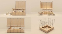 Kiosque à café modulaire d'extérieur, panneau en bambou, structure en acier, comptoir, table et chaises, ensemble portable, café pop-up, présentoirs