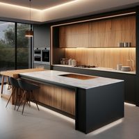 CBMmart Modern pernis hitam kayu Veneer lemari dapur kayu lapis kisi meja Pulau lampu LED meja kuarsa air terjun