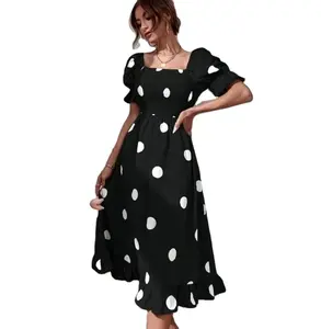 Ready Made Stocklot Women's Available Bohemian Large Polka Dot Print Dress Square Neck Smocking Dress in stock