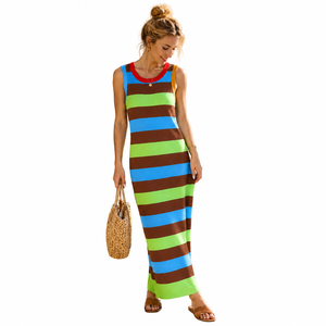 Atractivo Vestido Maxi de Punto a Rayas para el Verano, Sin Mangas, Cintura Ajustada, Estiliza la Cadera, Vestido Largo de Punto para Damas, Estilo Urbano Diario - Product Image 1