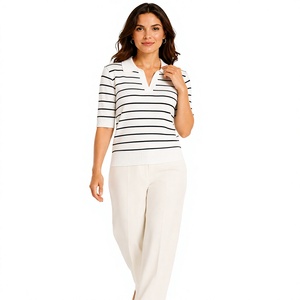 Polo en tricot rayé blanc et noir pour femme, manches courtes, col en V, décontracté, pour le bureau, chemise d'été, fournisseur en gros personnalisé - Product Image 1