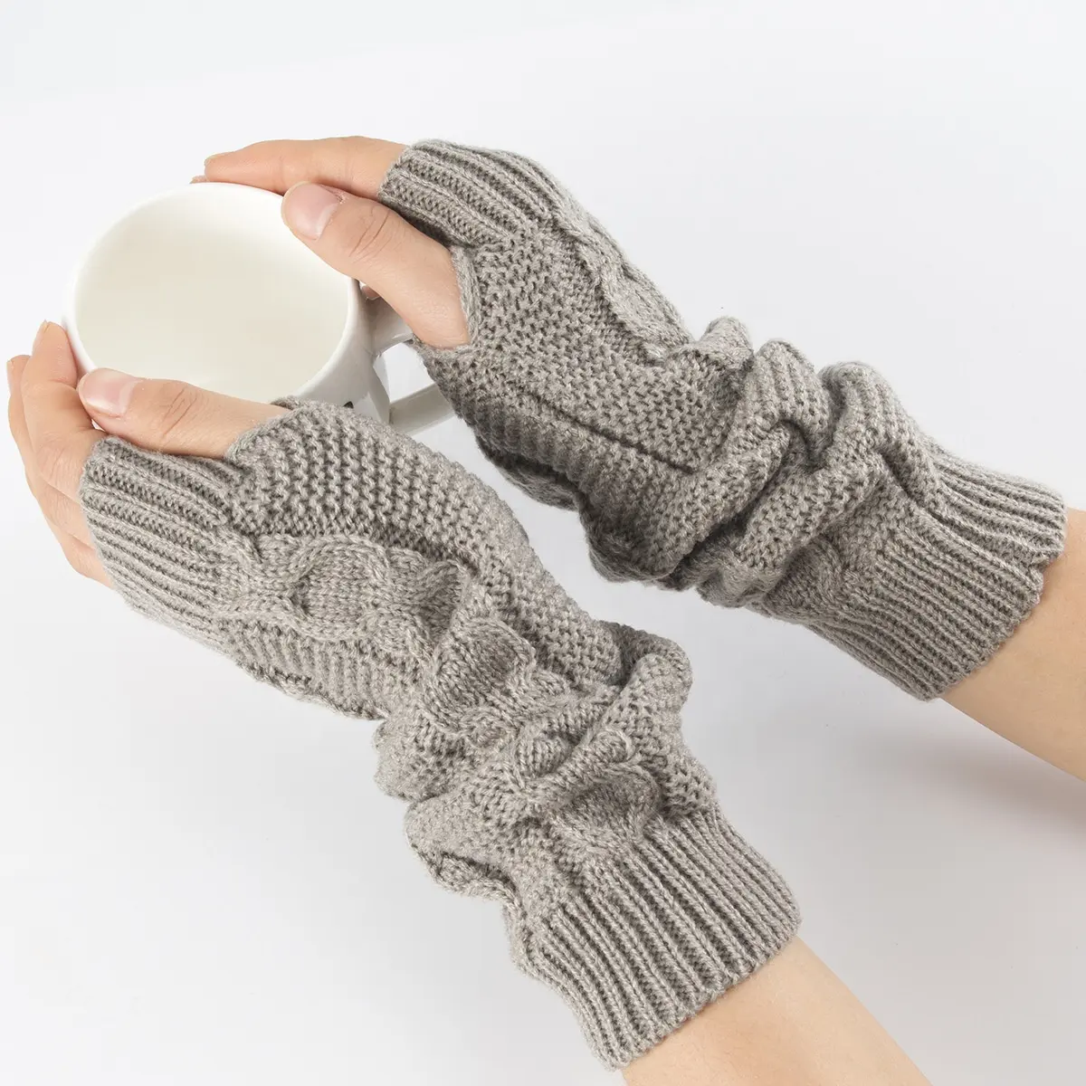 Women's Cable Knit Arm Warmers Fingerless Gloves Thumb Hole Gloves Mittens