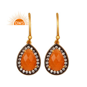 Zircon Peach Moonstone Gemstone Dangle Designer Indian Silver Gold Plated Earrings Supplier Jewelry for Women - Product Image 1