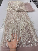 Tissu de dentelle de mariée élégant 2026 avec paillettes et pompons, tulle brodé de fleurs perlées, maille de luxe pour robes de mariée pour femmes
