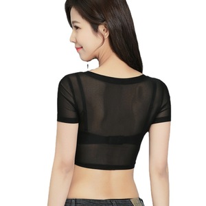 Top corto de malla para mujer, manga corta, corte ajustado, negro, para verano, capa interior - Product Image 5