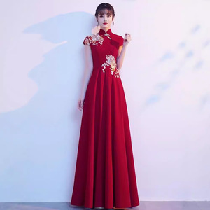 Red Chinese Style Cheongsam Long Dress For Performance Women Claret Polyester Evening Gown With 3D Embroidery - Product Image 5