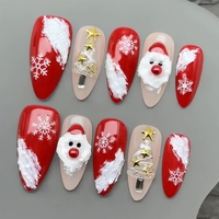 Uñas Postizas Navideñas, Set de 10 Piezas, Estilo Francés Rojo y Blanco, Diseño de Perlas, Forma de Ataúd Almendrado Largo, Colección al por Mayor
