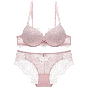 Women's Everyday Style Breathable Brassiere <strong>Panties</strong> Combo Hollowed-out Floral Lace Bow <strong>Bra</strong> <strong>Set</strong> with Logo on Waist - Product Image 1