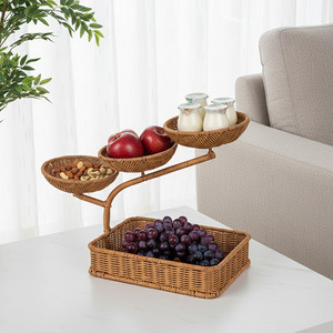 Corbeille à fruits rectangulaire en rotin multi-niveaux marron, écologique, pour le rangement et la présentation, idéale pour le salon, le bureau, les collations et les bonbons - Product Image 3