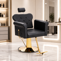 Fauteuil de Barbier Moderne en Similicuir Noir et Or, Inclinable Hydrauliquement, avec Appui-tête, Pivotant à 360°, Chaise de Salon de Coiffure Réglable en Hauteur