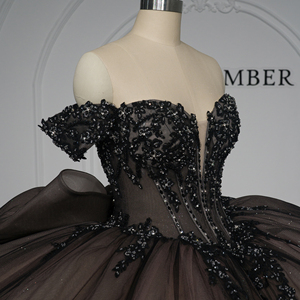 Robe de bal de Quinceañera de luxe en mousseline noire avec appliques de dentelle perlée, coupe naturelle, décolleté cœur, couleur champagne, sur commande - Product Image 3