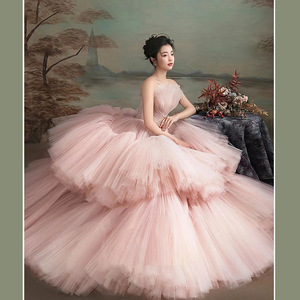Elegant Pink Tulle Ball Gown Strapless Empire Waist Wedding Dress For Studio Portrait Photography - Product Image 1