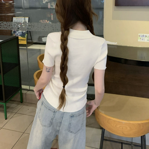 <b>Women's</b> <b>White</b> Knitted Short Sleeve <b>Polo</b> <b>Shirt</b> Casual Solid Color Regular Length With Colorful Buttons - Product Image 3