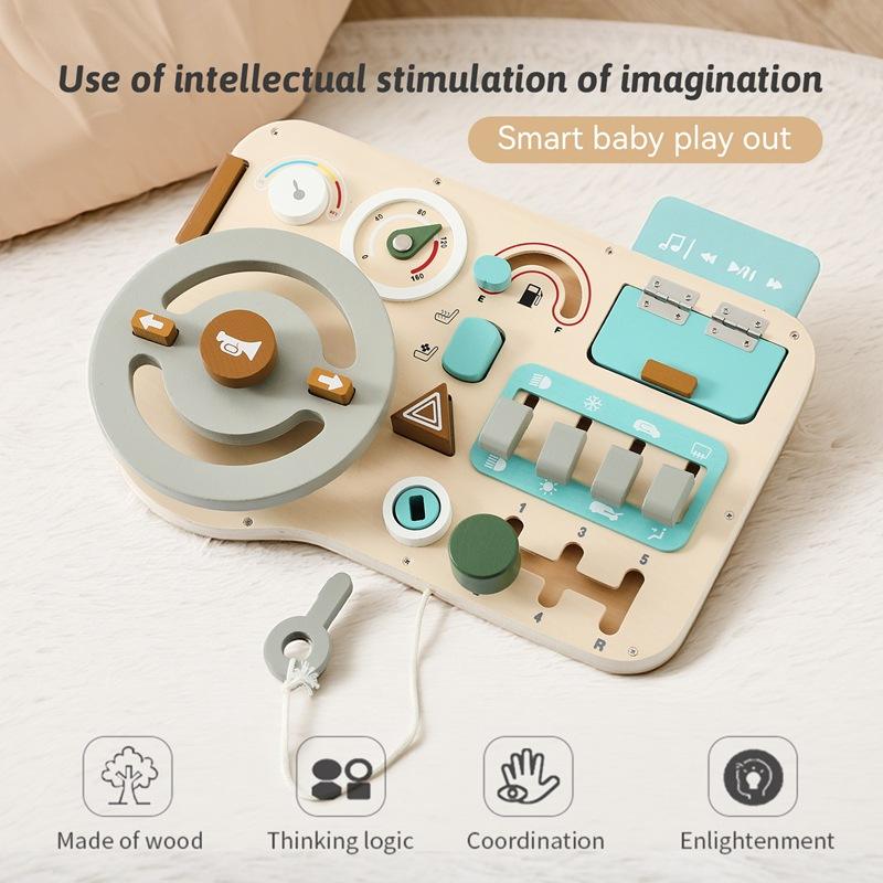 IFunToys Wooden Steering Wheel Busy Board - Montessori Driving Simulation Toy with Lock and Key - Fi