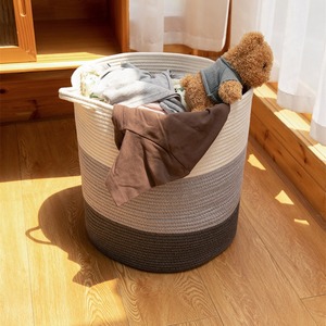 Woven Storage <b>Basket</b> Cotton Rope Round Clothing Organizer <b>Foldable</b> Handle Black Gray White Tones - Product Image 1