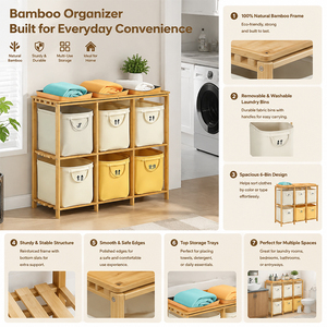 Grande Cesto Portabiancheria in Bambù con Scaffale, Sacco per Bucato e Cesto Laterale, Colore e Logo Personalizzabili, per Uso Domestico - Product Image 2