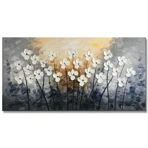 Arte de parede floral por atacado, arte de parede com placa, faca, pintada, flor moderna, pintura a óleo para decoração da sala de estar