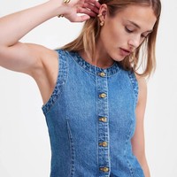YUANBOFEI Gilet en jean sans manches pour femme, haute qualité, triple boutonnage, coupe ajustée, ourlet fendu, couleur unie, court