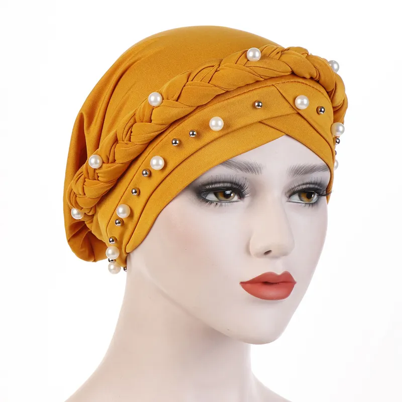 Groothandel Mode Parels Chiffon Hijab Hoofddoek Braid Knot Vrouwen Moslim Tulband Hijab Caps